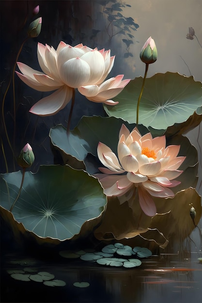 Ein Gemälde von Lotusblumen mit einer Lotusblume im Vordergrund.