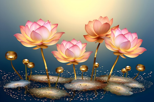 Ein Gemälde von Lotusblumen mit goldenen Kugeln auf der Unterseite.