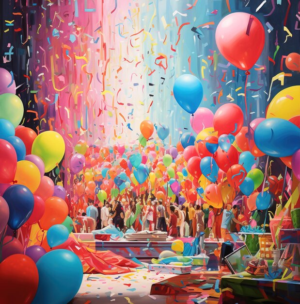 ein Gemälde von Luftballons mit dem Wort „Konfetti“ auf der Unterseite.