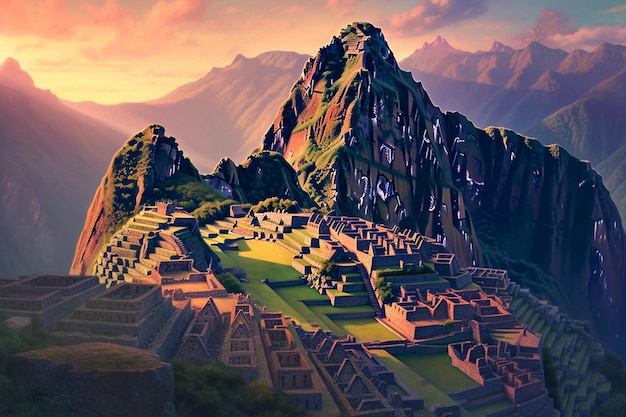 Ein Gemälde von Machu Picchu mit Bergen im Hintergrund.