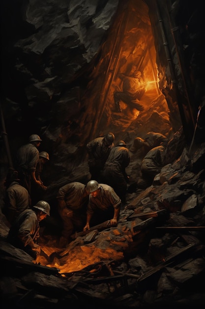 ein Gemälde von Männern in einer Höhle mit einer Fackel in der Mitte