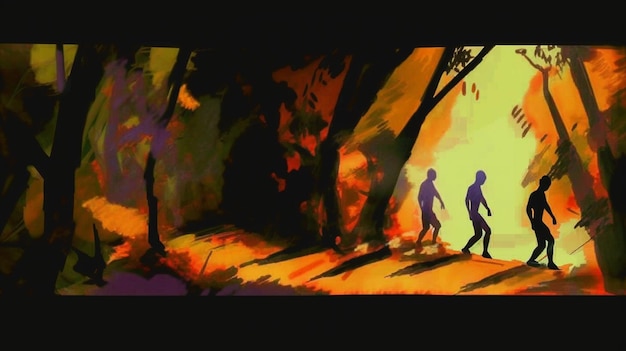 Ein Gemälde von Menschen, die durch einen Wald gehen, mit der Aufschrift „Feuer“ auf der Unterseite.