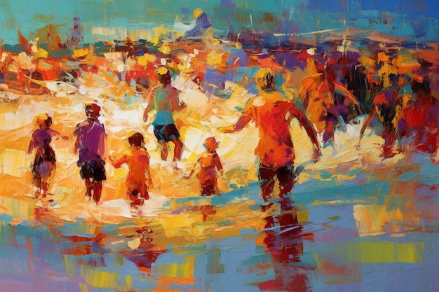 Ein Gemälde von Menschen, die im Wasser spielen, während die Sonne darauf scheint.