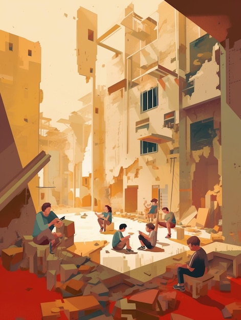 Ein Gemälde von Menschen, die in einer Stadt auf dem Boden sitzen, mit einem Gebäude im Hintergrund.