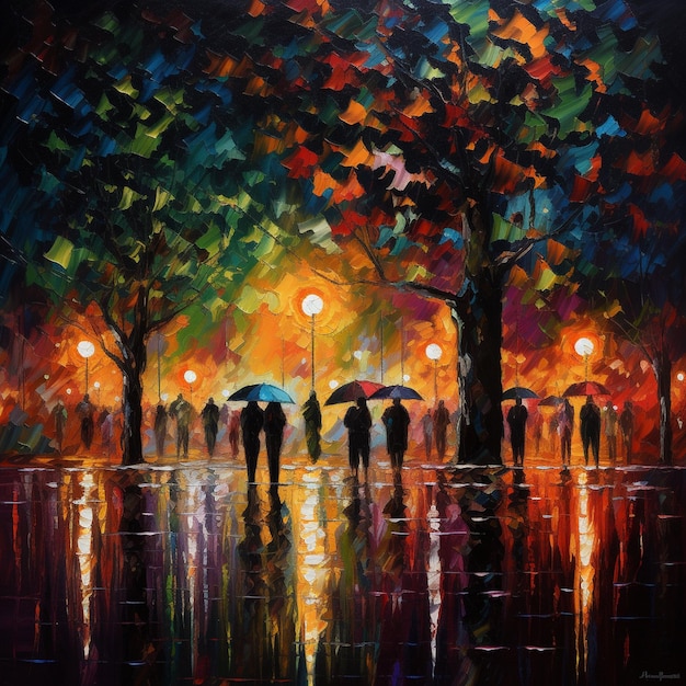Ein Gemälde von Menschen mit Regenschirmen im Regen