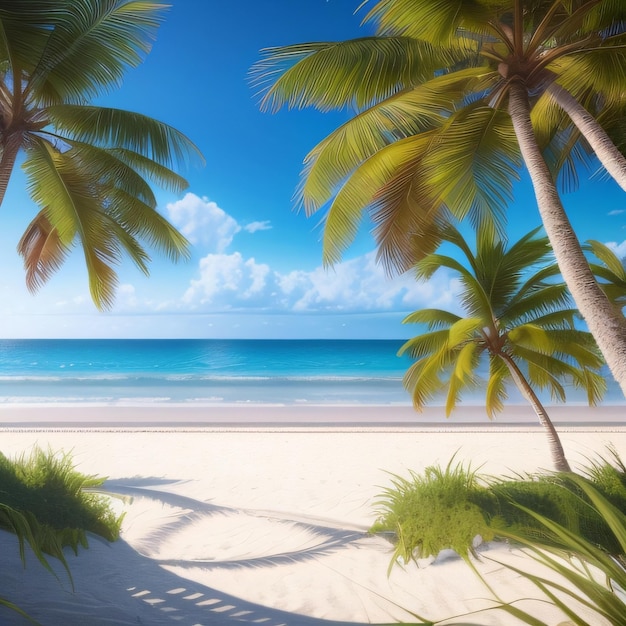 Ein Gemälde von Palmen an einem Strand, auf den die Sonne scheint.
