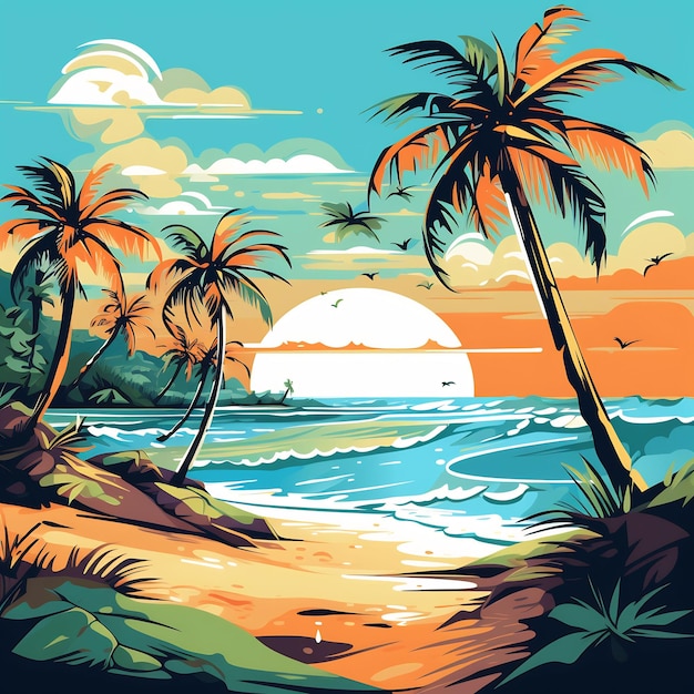 ein Gemälde von Palmen und einer Sonne mit einem Segelboot im Hintergrund