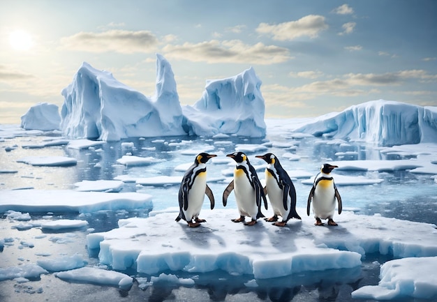 ein Gemälde von Pinguinen auf einer Eisscholle mit dem Wort Pinguine darauf