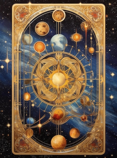Ein Gemälde von Planeten und Sternen mit dem Wort „Planeten“ darauf.