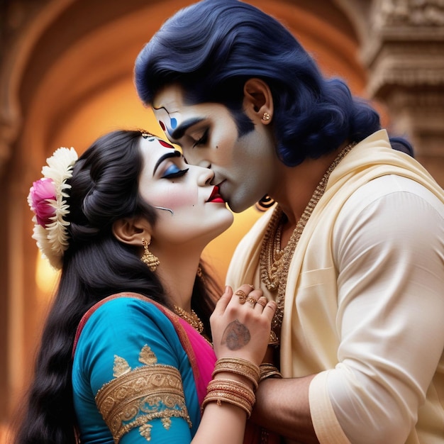 ein Gemälde von Radhe Krishna, die sich küssen und einer trägt einen Sari