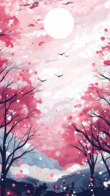 ein Gemälde von rosa Bäumen und Vögeln am Himmel