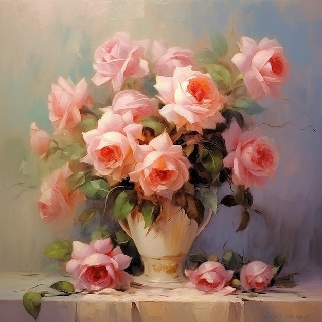 ein Gemälde von rosa Rosen in einer weißen Vase mit rosa und grünen Blättern.