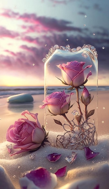 Ein Gemälde von Rosen in einem Glas mit einem Herzen auf dem Boden.