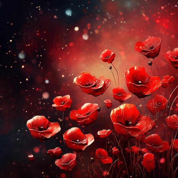 ein Gemälde von roten Mohnblumen mit rotem Hintergrund