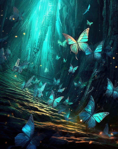 Ein Gemälde von Schmetterlingen im Wald
