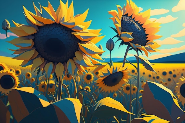 Ein Gemälde von Sonnenblumen auf einem Feld mit einem blauen Himmel im Hintergrund.
