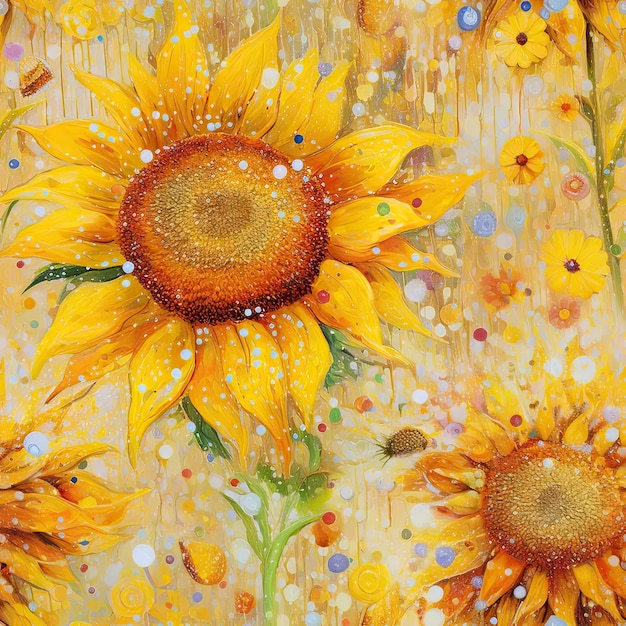 Ein Gemälde von Sonnenblumen mit Wassertropfen darauf