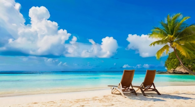 ein Gemälde von Strandstühlen an einem Strand mit einem Palmbaum im Hintergrund