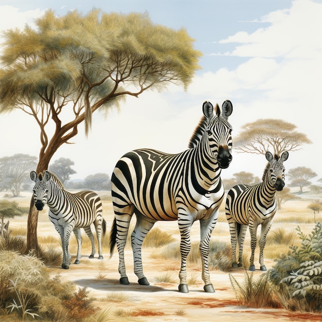 ein Gemälde von Zebras und Bäumen mit einem blauen Himmel im Hintergrund.