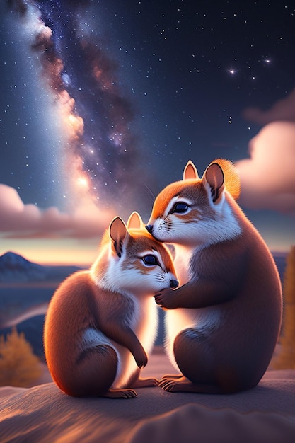 Ein Gemälde von zwei Eichhörnchen, die sich vor einer Galaxie küssen.
