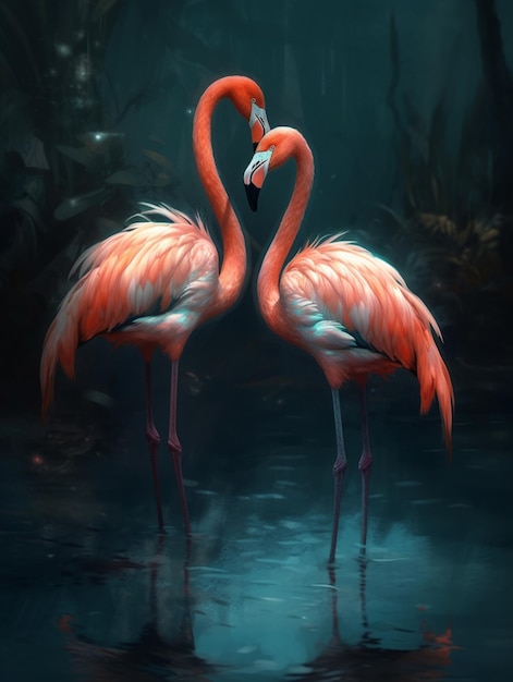 Ein Gemälde von zwei Flamingos im Wasser