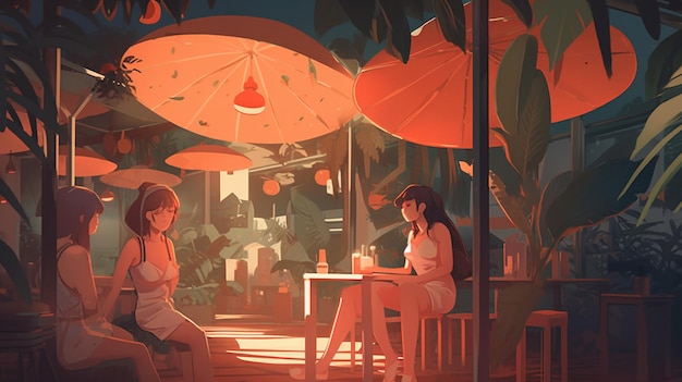 Ein Gemälde von zwei Frauen, die unter Sonnenschirmen an einem Tisch sitzen.