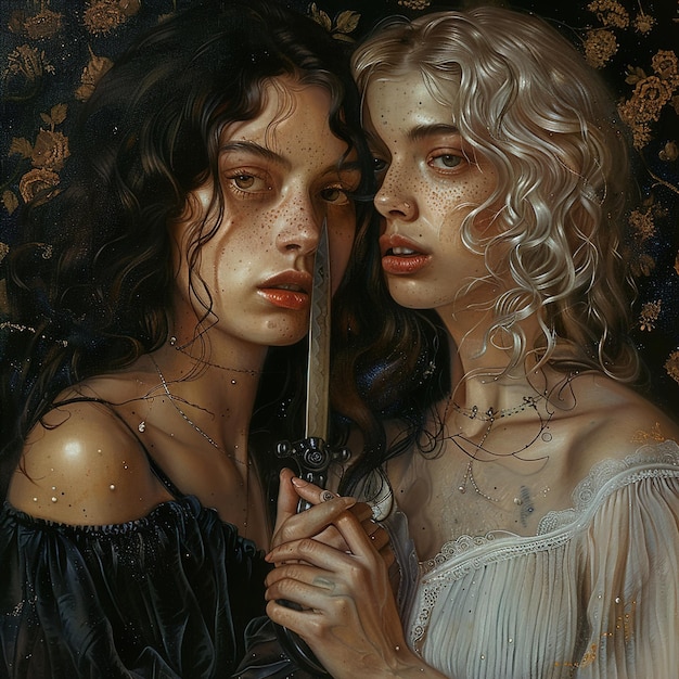 ein Gemälde von zwei Frauen mit einem Messer in der Hand