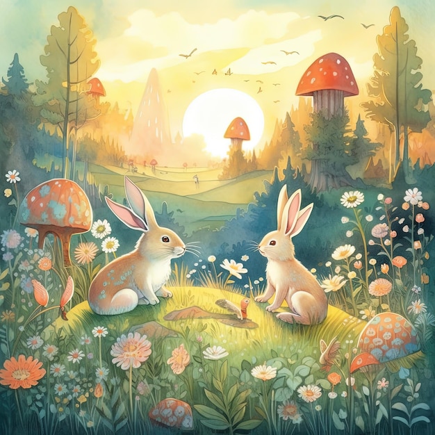 Ein Gemälde von zwei Kaninchen auf einem Feld mit Pilzen und einem Pilz.