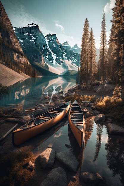 Ein Gemälde von zwei Kanus auf einem See mit Bergen im Hintergrund.