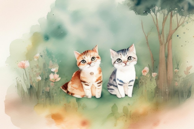Ein Gemälde von zwei Katzen, die auf einer Blumenwiese sitzen.