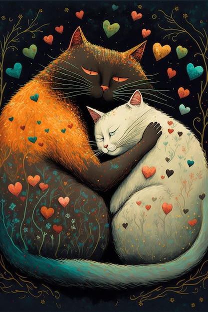 Ein Gemälde von zwei Katzen, die sich umarmen, mit Herzen auf der Unterseite.