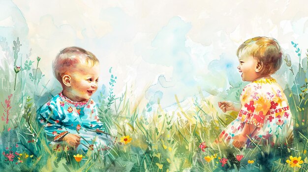 ein Gemälde von zwei Kindern auf einem Feld mit Blumen und den Wörtern Baby