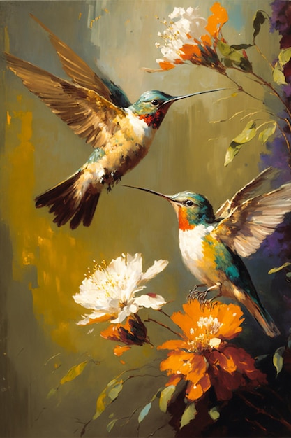 Ein Gemälde von zwei Kolibris mit Blumen im Hintergrund.