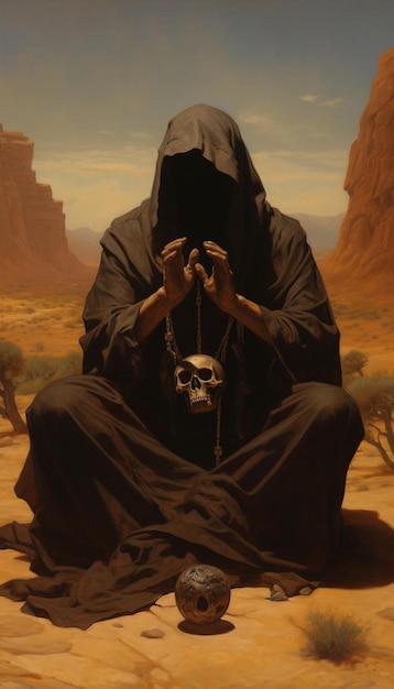 ein Gemälde von zwei Männern mit Schädel und Knochen.