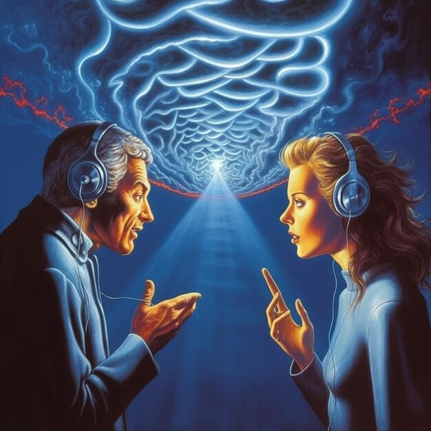 Ein Gemälde von zwei Menschen, die sich vor der Wand eines Gebäudes unterhalten, mit blauem Hintergrund und einer Wolke mit der Aufschrift „Klang der Musik“ darauf.