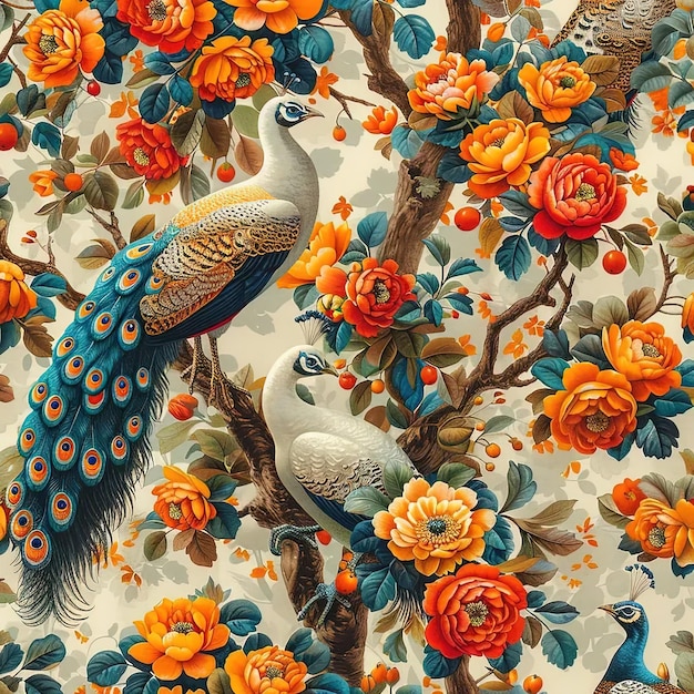Ein Gemälde von zwei Pfauen in einem Baum, umgeben von Blumen