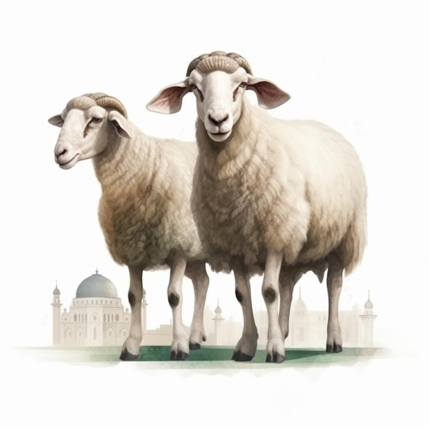 Ein Gemälde von zwei Schafen vor einer Moschee