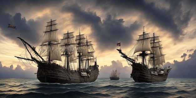Ein Gemälde von zwei Schiffen im Ozean mit dem Himmel im Hintergrund