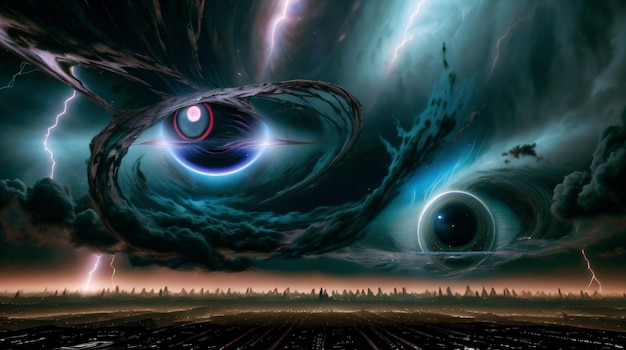 ein Gemälde von zwei schwarzen Löchern am Himmel mit einem Blitz, der aus ihnen herauskommt, und einer Stadt in der Ferne