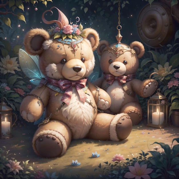 Ein Gemälde von zwei Teddybären in einem Wald mit einer Fee auf dem Kopf.