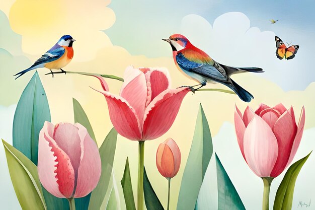 Ein Gemälde von zwei Vögeln auf einer Blume