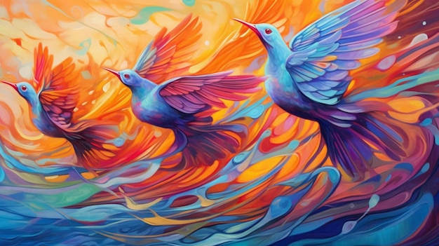 Ein Gemälde von zwei Vögeln mit blauen Flügeln und dem Wort Liebe auf der Unterseite.