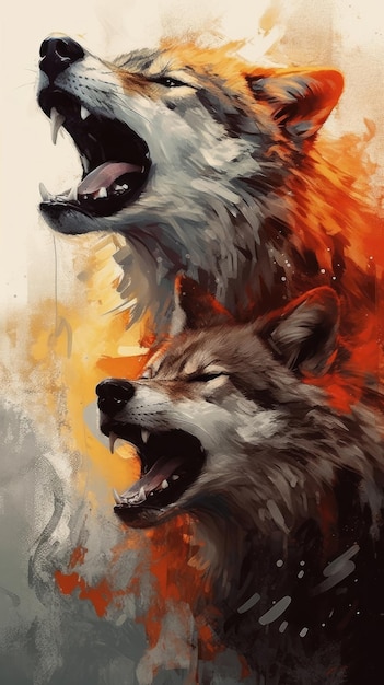 Ein Gemälde von zwei Wölfen mit dem Wort Feuer auf der Vorderseite.