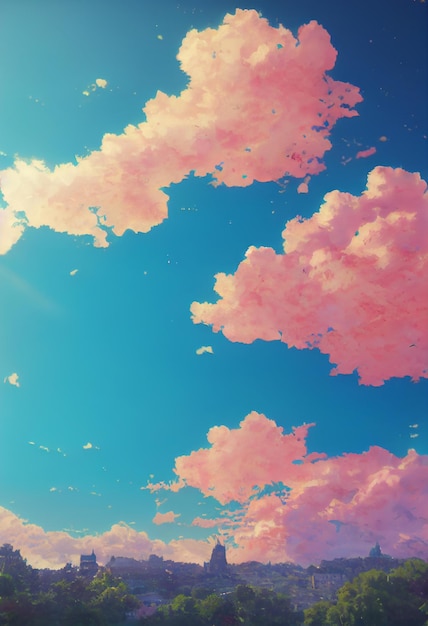 Ein gemalter Anime-Hintergrund eines Himmels mit flauschigen rosa Wolken