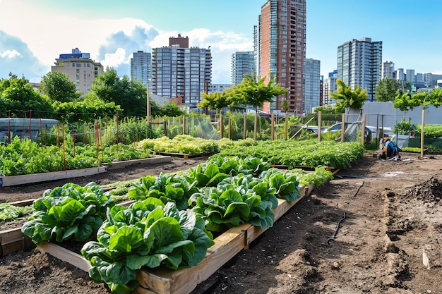 Ein gemeinschaftlicher Gemüsegarten in einer städtischen Gegend mit einer großen Stadt im Hintergrund