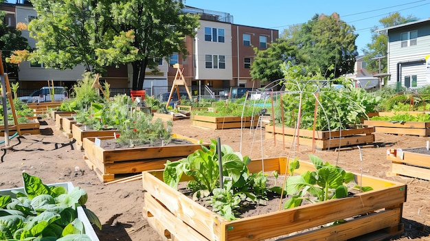 Ein Gemeinschaftsgarten mit erhöhten Betten voller Gemüse und Blumen