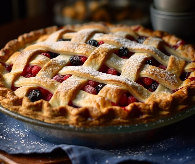 Ein gemischter Beerenkuchen mit Gitterkruste und einer Streusel