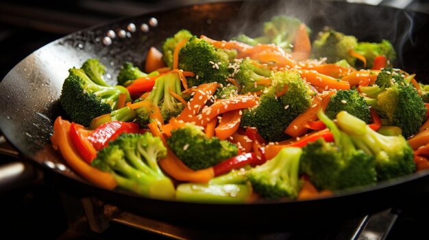 ein Gemüse-Stirfry in einem Wok mit Brokkoli-Karotten und Paprika