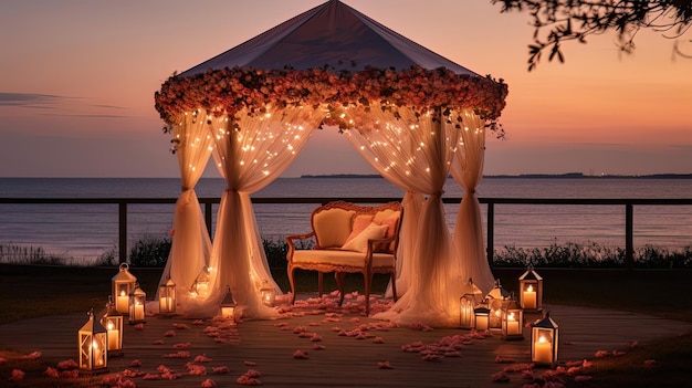 Ein gemütlicher Abend am Meer, ein Gazebo in Blumen, Laternen, Sonnenuntergang, KI-Generation.