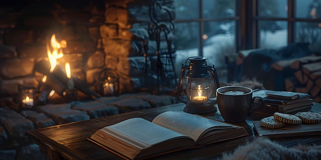 Ein gemütlicher Abend zu Hause, eine Tasse Kaffee, ein Buch, ein warmes Betttuch auf einem Holztisch.